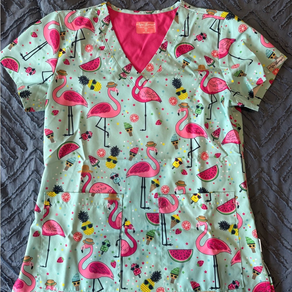 Flamingo Print Scrub Top